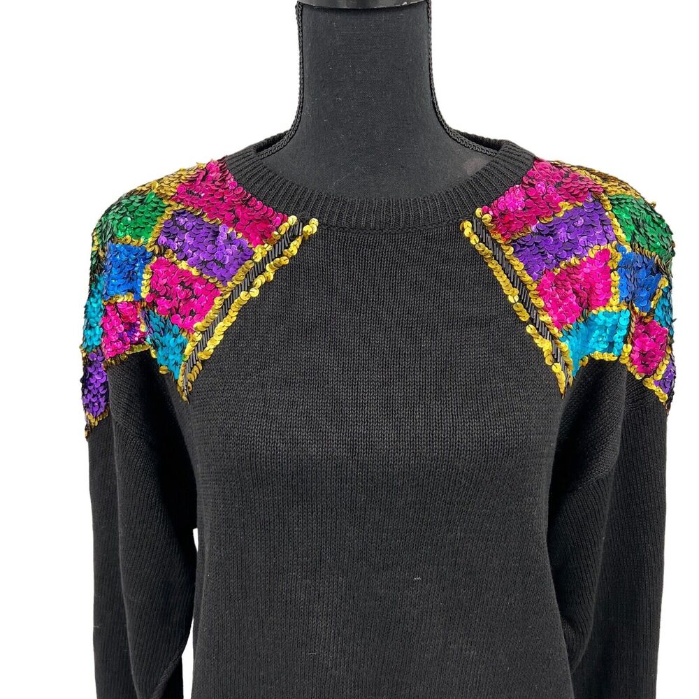 Barbara Scott Women's Sweater Black Knit Crewneck Sequin Shoulders Holiday Lg - Picture 4 of 6